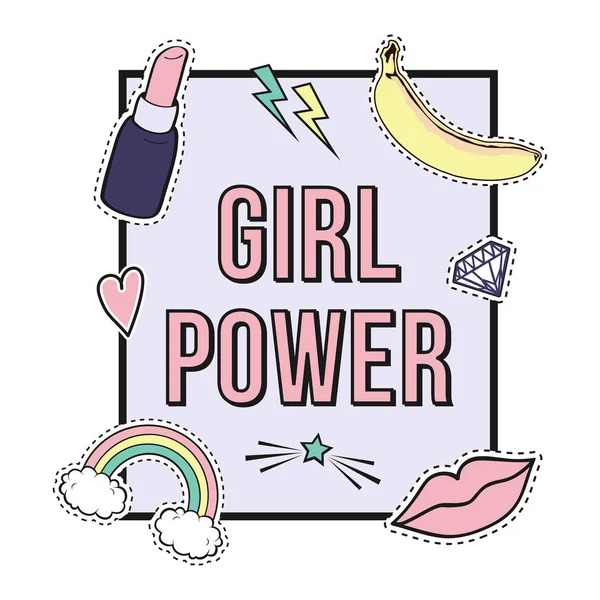Poster Vektor Girl Power Dengan Lencana Fashion Patch Lucu Bibir - Stok Vektor