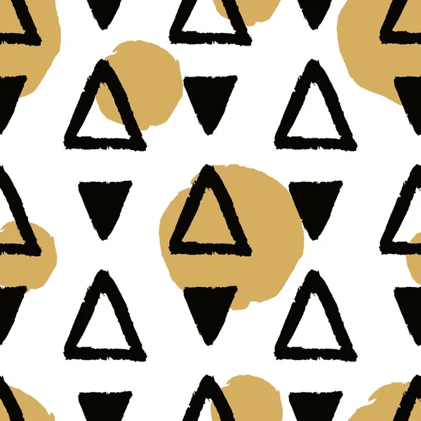 Vector Grunge Abstracte Naadloze Patroon Met Zwarte Driehoekjes Gouden Cirkels — Stockvector