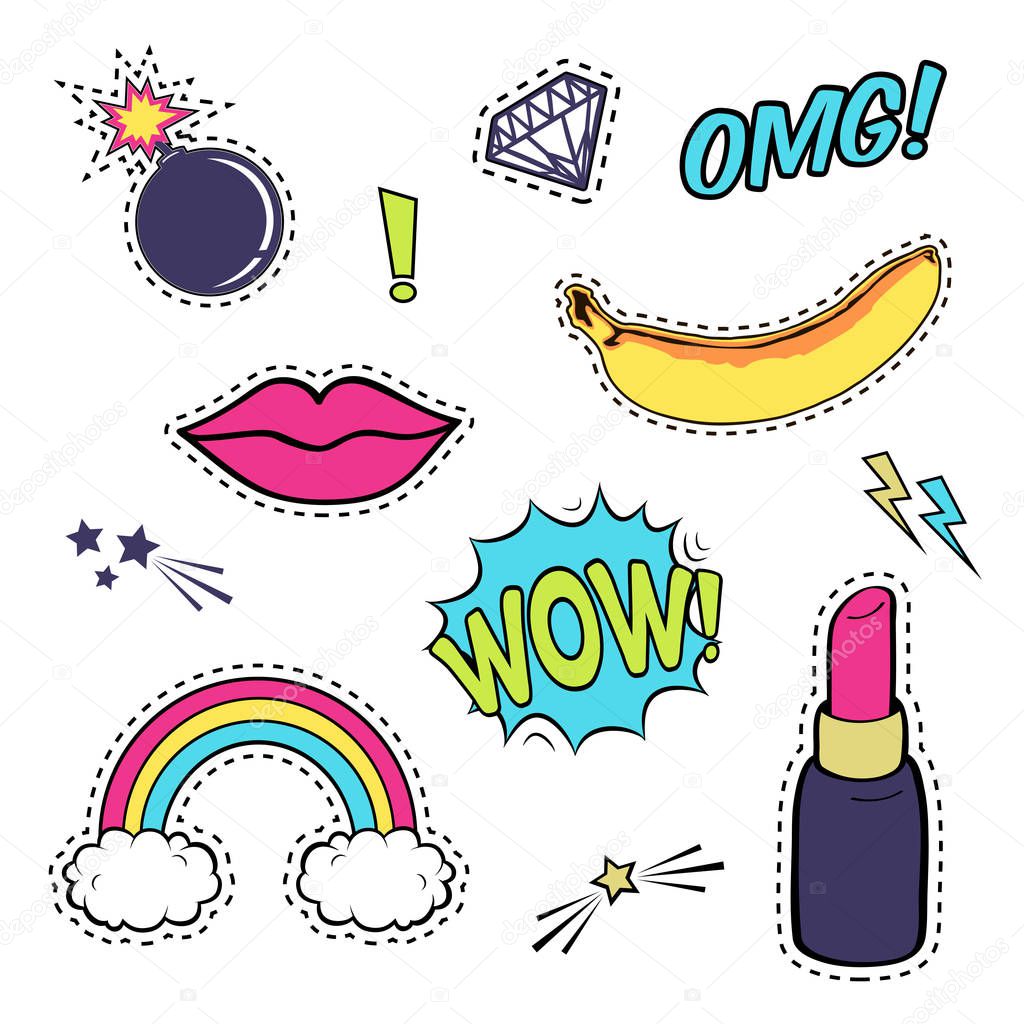 Vector set with cute fashion patch badges: lips, speech bubble, rainbow, stars, diamond, bomb, lipstick, banana isolated on white. Trendy collection of stickers, pins, patches in cartoon comic style