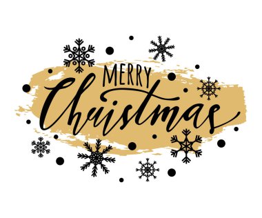 Altın glitter etkisi, kar taneleri ve siyah arka plan üzerinde el çizilmiş harflerile Vektör Merry Christmas illüstrasyon. Tatil tebrik posteri için yaratıcı tipografi.