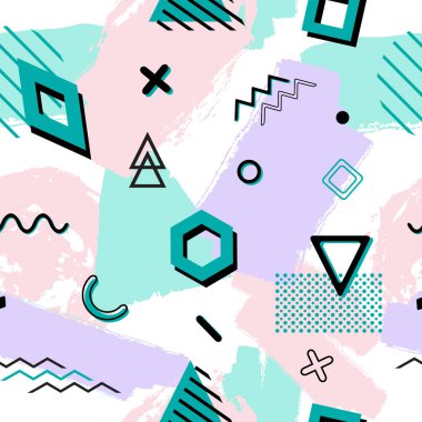 Vektör dikişsiz retro memphis desen geometrik ve elle çizilmiş fırça elemanları ile. Hipster tarzıkaotik trendy geometri. Posterler, kapaklar, baskılar için uygundur.
