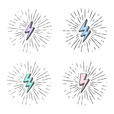 Vektör renkli retro güneş patlaması etkisi ile yıldırım işaretleri ile ayarlayın. 