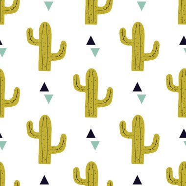 Kaktüsleri ve üçgenleri olan kusursuz vektör deseni. Moda, baskı, poster, kart, tekstil için modern tasarım. İskandinav tarzı.