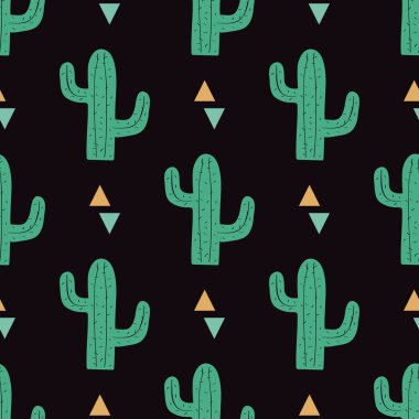 Kaktüsleri ve üçgenleri olan kusursuz vektör deseni. Moda, baskı, poster, kart, tekstil için modern tasarım. İskandinav tarzı.
