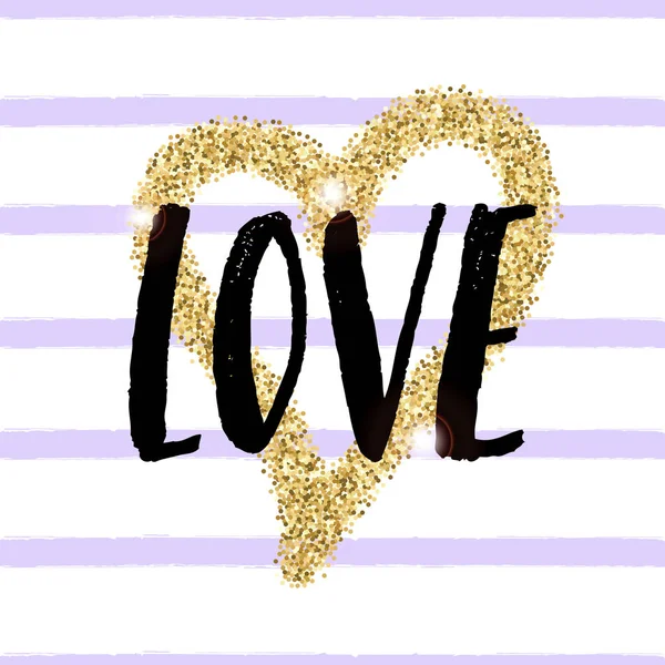 Ilustración de moda vectorial con letras "Love" y corazón de brillo dorado sobre fondo rayado grunge. Diseño manuscrito. Caligrafía moderna . — Vector de stock