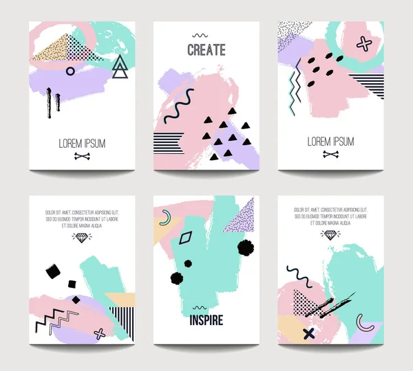 Vector trendy brochure templates with chaotic hand drawn brush geometric elements. Modern minimalistic design for poster, banner, cover presentation, flyer, invitation. A4 layout. — Stock Vector
