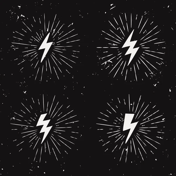 Vector black and white grunge retro set with lightning bolt signs with sunburst effect. — Stock Vector