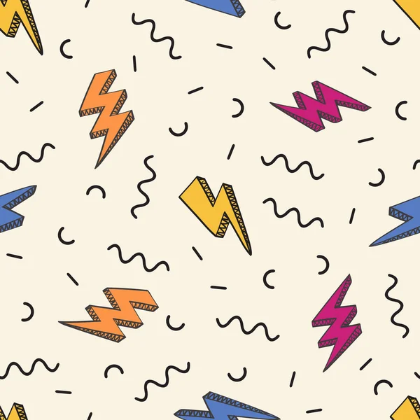 Vector abstracte retro patroon met bliksemschichten en geometrische elementen. Trendy memphis thunder achtergrond in strips stijl. — Stockvector