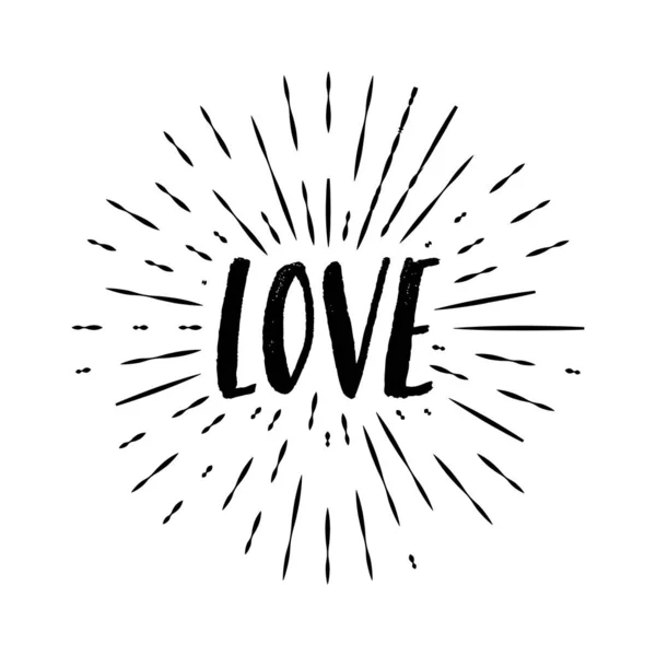 "Love" yazı ve güneş patlaması etkisi ile Vektör trendy vintage illüstrasyon. El yazısı tasarım. Modern kaligrafi. — Stok Vektör