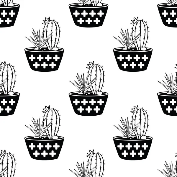 Vector patrón sin costura en blanco y negro con cactus y suculentas en macetas. Diseño escandinavo moderno — Vector de stock