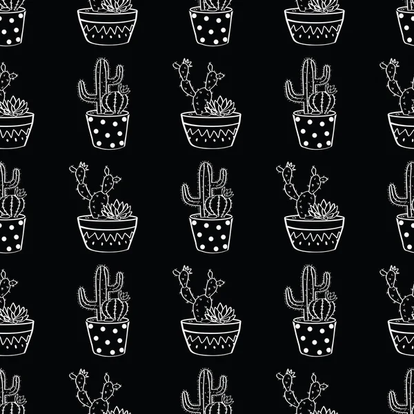 Vector patrón sin costura en blanco y negro con cactus y suculentas en macetas. Diseño escandinavo moderno — Vector de stock