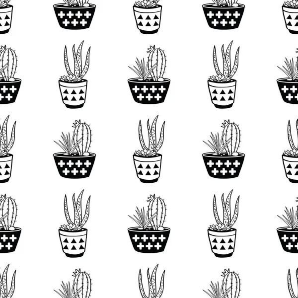 Vektor svart och vitt sömlösa mönster med kaktusar och suckulenter i krukor. Modern skandinavisk design — Stock vektor