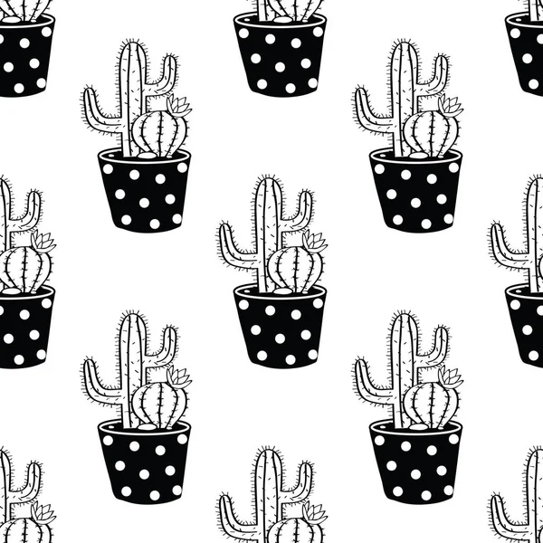 Vector black and white seamless pattern with cactuses in pots. Modern scandinavian design — Stock Vector