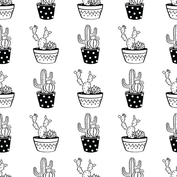 Vektori musta ja valkoinen saumaton kuvio kaktukset ja mehukkaita ruukuissa. Moderni skandaali suunnittelu — vektorikuva