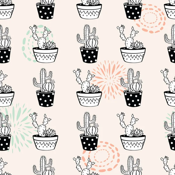 Motif vectoriel sans couture avec des textures de cercle d'encre, des cactus et des succulents dans des pots. Design scandinave moderne — Image vectorielle