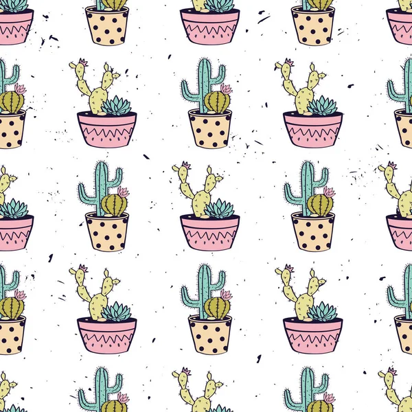 Vector kleurrijke hand getekende naadloze patroon met cactussen en vetplanten in potten op grunge textuur. Modern Scandinavisch design — Stockvector