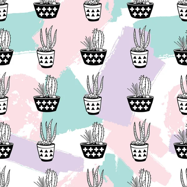 Vector hand getekende naadloze patroon met geometrische en borstel geschilderde elementen, cactussen en vetplanten in potten. Moderne Scandinavische design. Pastel kleuren. — Stockvector