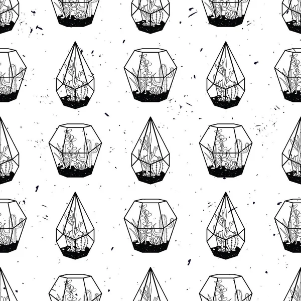Vector en blanco y negro dibujado a mano patrón sin costuras con cactus y suculentas en terrarios en textura grunge. Diseño escandinavo moderno — Archivo Imágenes Vectoriales