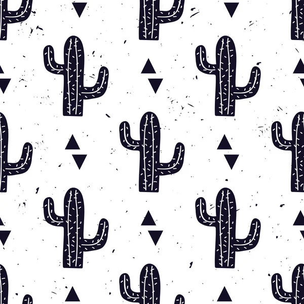 Vector zwart-wit naadloze patroon met cactussen en driehoeken. Modern design voor mode, print, poster, kaart, textiel. Scandinavische stijl. — Stockvector