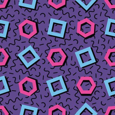 Geometrik öğelerle dikişsiz bir retro memphis desen vektör. Kaotik trendy geometri hippi tarzı. Posterler, kapakları, baskılar için uygundur..