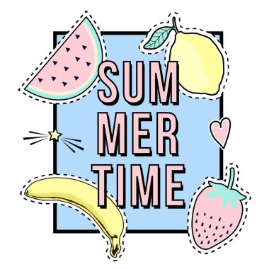 Yaz saati çerçevesi ve meyve yama rozetleri ile Vektör sevimli illüstrasyon: muz, karpuz, limon, çilek. Çizgi roman tarzında çıkartmalar, iğneler, yamalar Trendy koleksiyonu.