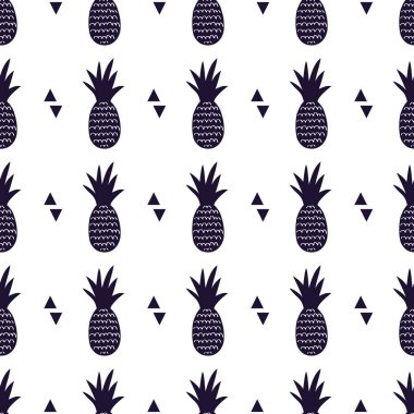 Ananas ve üçgenler ile Vektör monokrom dikişsiz desen. Sevimli yaz meyve arka plan.