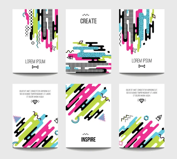 Vector trendy brochure templates with chaotic flat geometry in memphis style. Modern minimalistic design for poster, banner, cover presentation, flyer, invitation. A4 layout. — Stock Vector