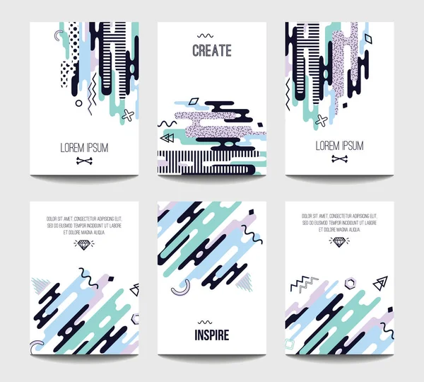 Vector trendy brochure templates with chaotic flat geometry in memphis style. Modern minimalistic design for poster, banner, cover presentation, flyer, invitation. A4 layout. — Stock Vector