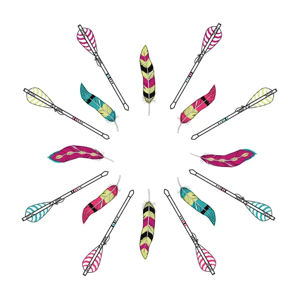 Vector etnische illustratie met frame gemaakt van veren en pijlen in Boho stijl. Tribal design. — Stockvector