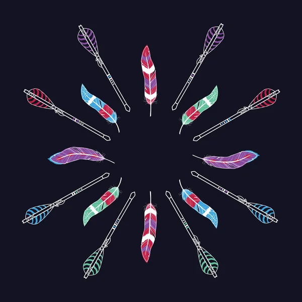 Vector etnische illustratie met frame gemaakt van veren en pijl — Stockvector