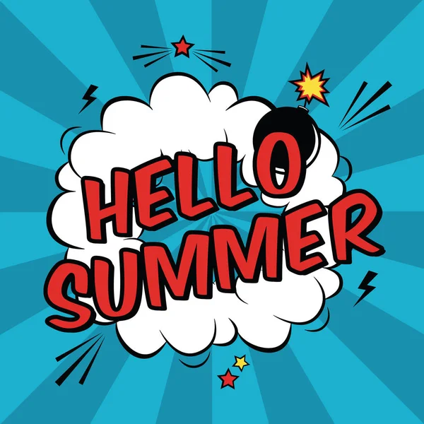 Illustration vectorielle pop art colorée avec Hello Summer phrase. Modèle décoratif avec nuage et explosion de bombe dans le style BD moderne . — Image vectorielle