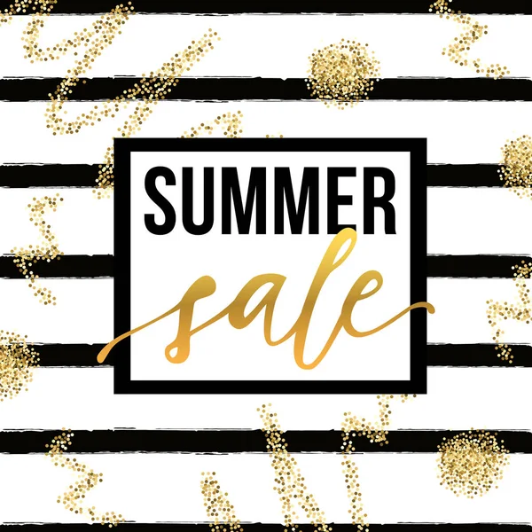 Ilustração vetorial com listras brancas e pretas, lettering "Summer sale" e efeito glitter dourado . —  Vetores de Stock