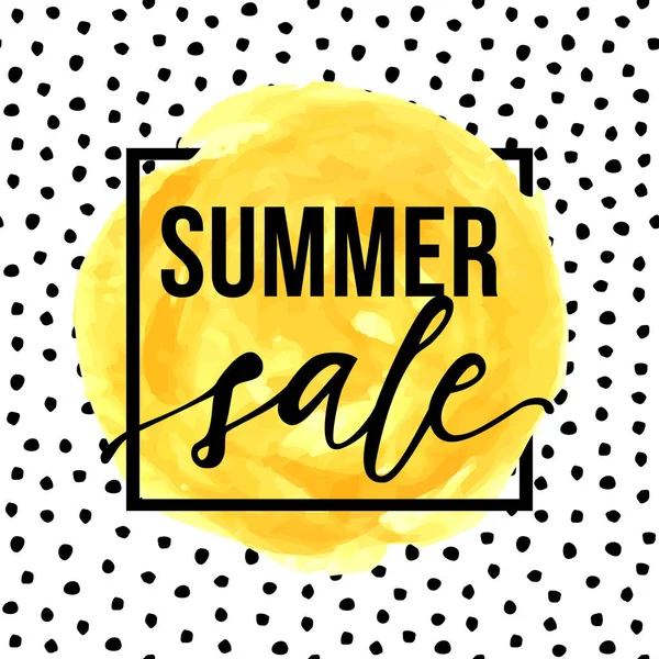 Vector illustration with yellow brush stroke with "Summer sale" in black frame. Watercolor acrylic background on seamless pattern with dots. — Stock Vector