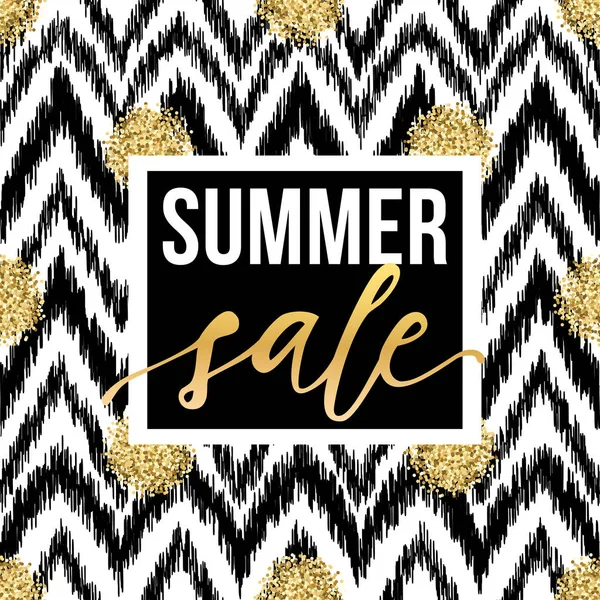 Vector illustration with white and black zigzag, "Summer sale" lettering and golden glitter effect. — Stock Vector