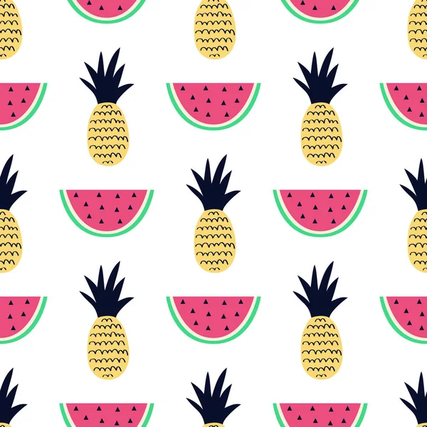 Vector naadloze patroon met ananas en watermeloen. Leuke zomer fruit achtergrond. — Stockvector