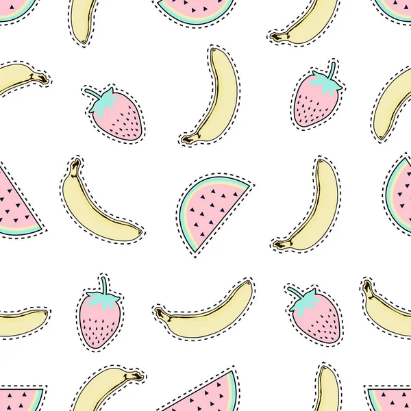 Patrón sin costura vectorial con insignias de parche de fruta lindo: plátano, sandía y fresa. Colección de moda de verano de pegatinas, alfileres, parches en estilo cómico de dibujos animados . — Vector de stock