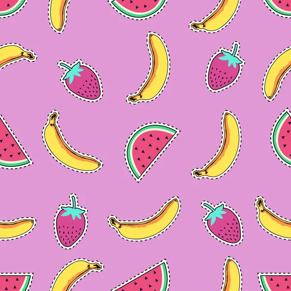 かわいいフルーツパッチバッジとベクトルシームレスなパターン:バナナ、スイカとイチゴ。漫画の漫画のスタイルでステッカー、ピン、パッチのトレンディな夏のコレクション. — ストックベクタ