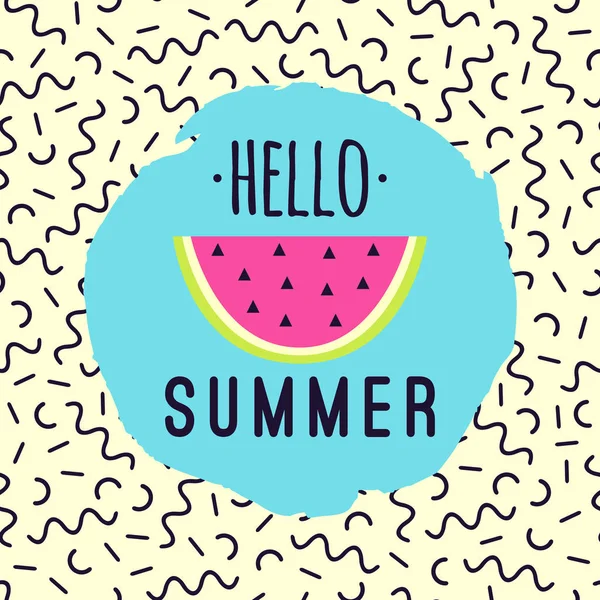 Illustrazione vettoriale "Hello Summer" con motivo geometrico di anguria e memphis . — Vettoriale Stock