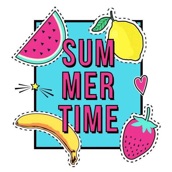 Illustrasjon med sommertidsramme og fruktplastermerker: banan, vannmelon, sitron, jordbær. Trendy samling av klistremerker, stifter, klistremerker i tegneserie . – stockvektor