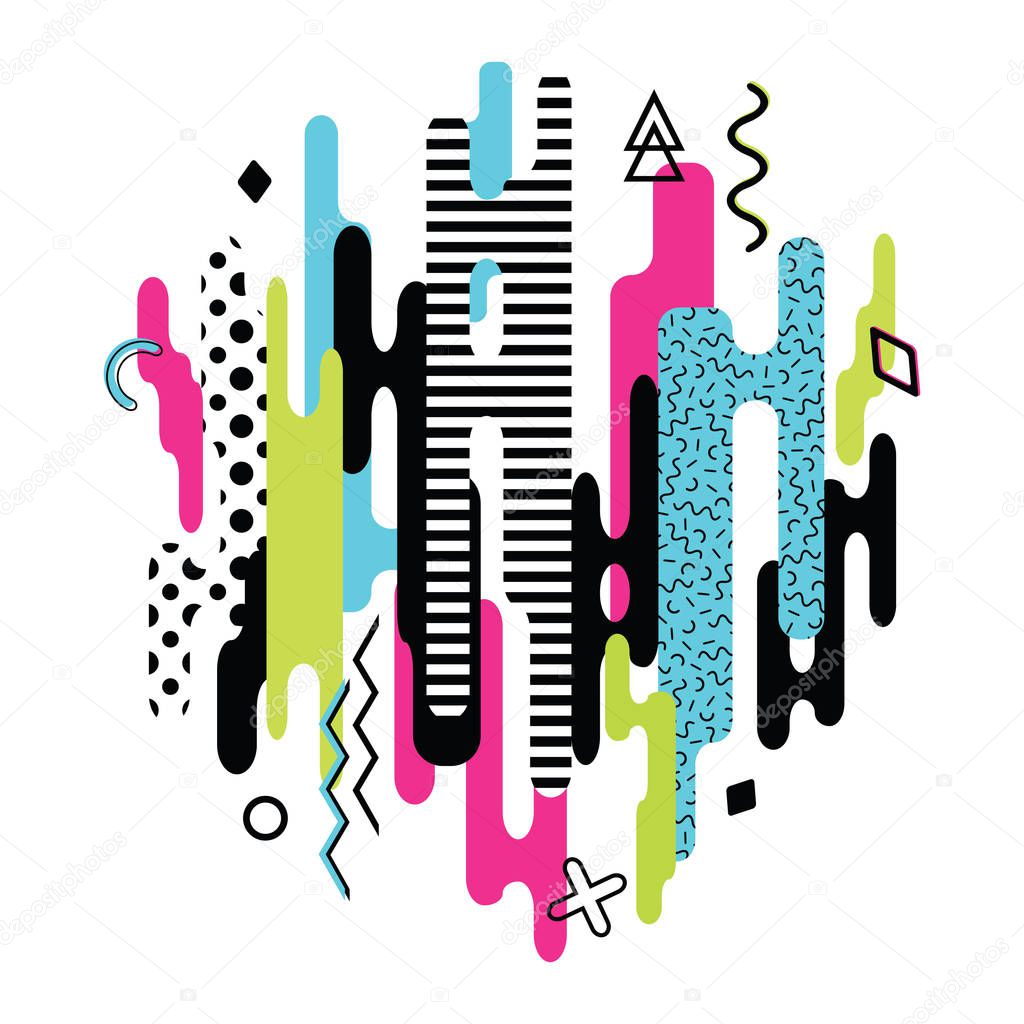 Vector modern dynamic composition made of various rounded shapes in color and geometric elements. Abstract creative background.