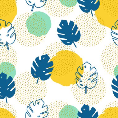 Monstera palmiye yaprakları ve geometrik elemanları ile Vektör dikişsiz desen. Trendy yaz tropikal tasarım.