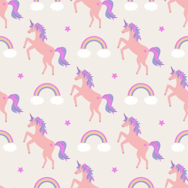 Tek boynuzlu atlar, gökkuşağı ve yıldızlar ile Vektör sevimli sorunsuz desen