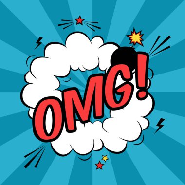 Omg ile Vektör renkli pop art illüstrasyon! Metin. Modern çizgi roman tarzında bulut ve bomba patlama ile dekoratif şablon.