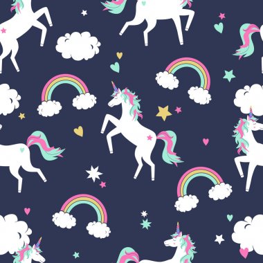 Tek boynuzlu atlar, gökkuşağı ve bulutlar ile Vektör sevimli sorunsuz desen