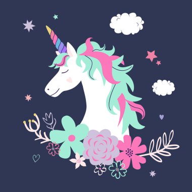 Çiçeklerle tek boynuzlu at Vektör sevimli illüstrasyon. Modern büyülü tebrik kartı veya poster.