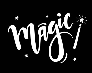 Vektör el sihirli değnek ile kelime Magic harfleri çizilmiş. Tebrik kartı, parti afişi, reklam, afiş olarak kullanılabilir.