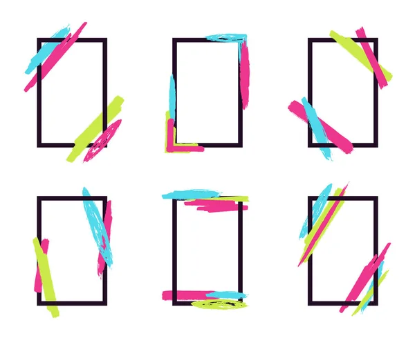 Conjunto vectorial de elegantes marcos dinámicos con elementos geométricos de pincel. Se puede utilizar para tarjetas de visita, invitaciones, tarjetas de regalo, folletos y folletos — Archivo Imágenes Vectoriales