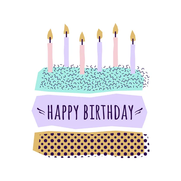Wektor cute Happy urodziny karty z ciasta, świece i elementy geometryczne — Wektor stockowy