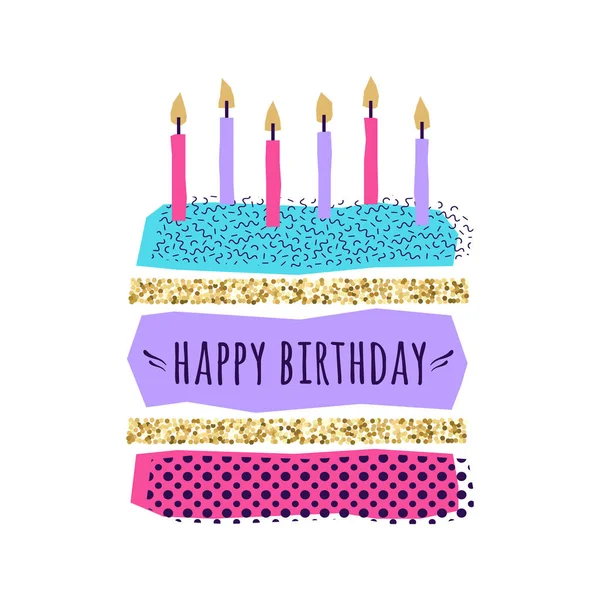 Διάνυσμα χαριτωμένο Happy γενέθλια κάρτα με κέικ, κεριά και γεωμετρικά στοιχεία — Διανυσματικό Αρχείο