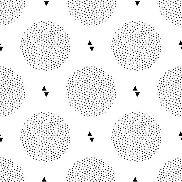 Vector seamless pattern with round dotted elements and triangles. Trendy memphis background. — Stock Vector